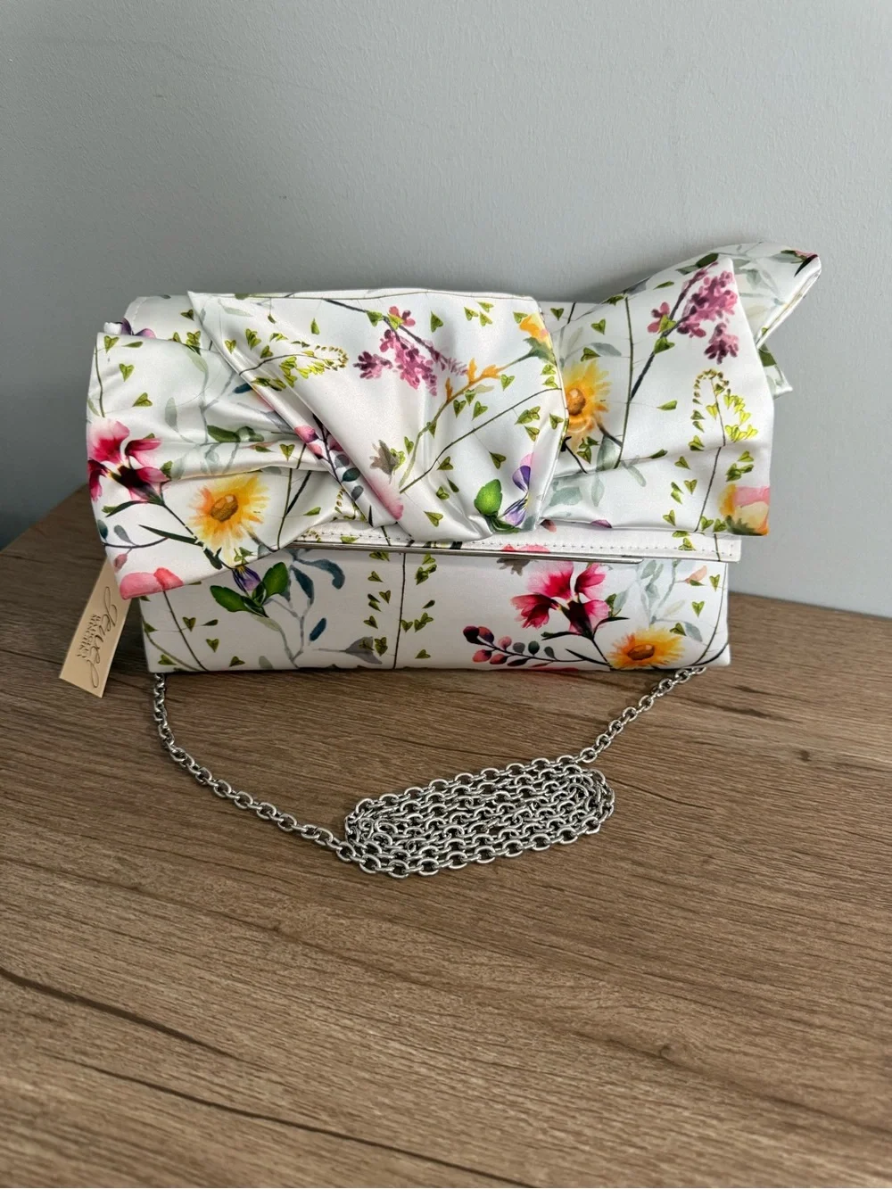 Jewel Badgley Mischa Floral Satin Bow Purse with White Background, NWT